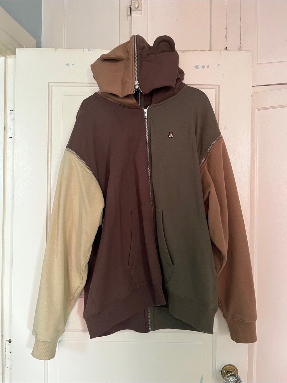 Teddy Fresh Men's Colorblock Zip-Up Hoodie in Brown, Olive & Beige